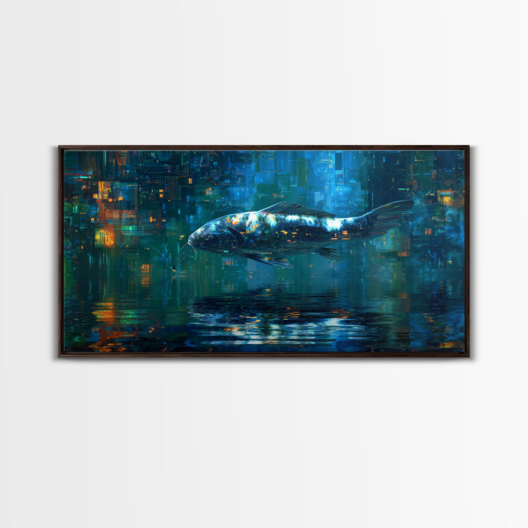 Cyberpunk Koi Swimming Through Electric Blue Water Framed Canvas Print, Cyberpunk Art, Cyberpunk 2077, Living Room Decor, Neon, CYB-2x1-1