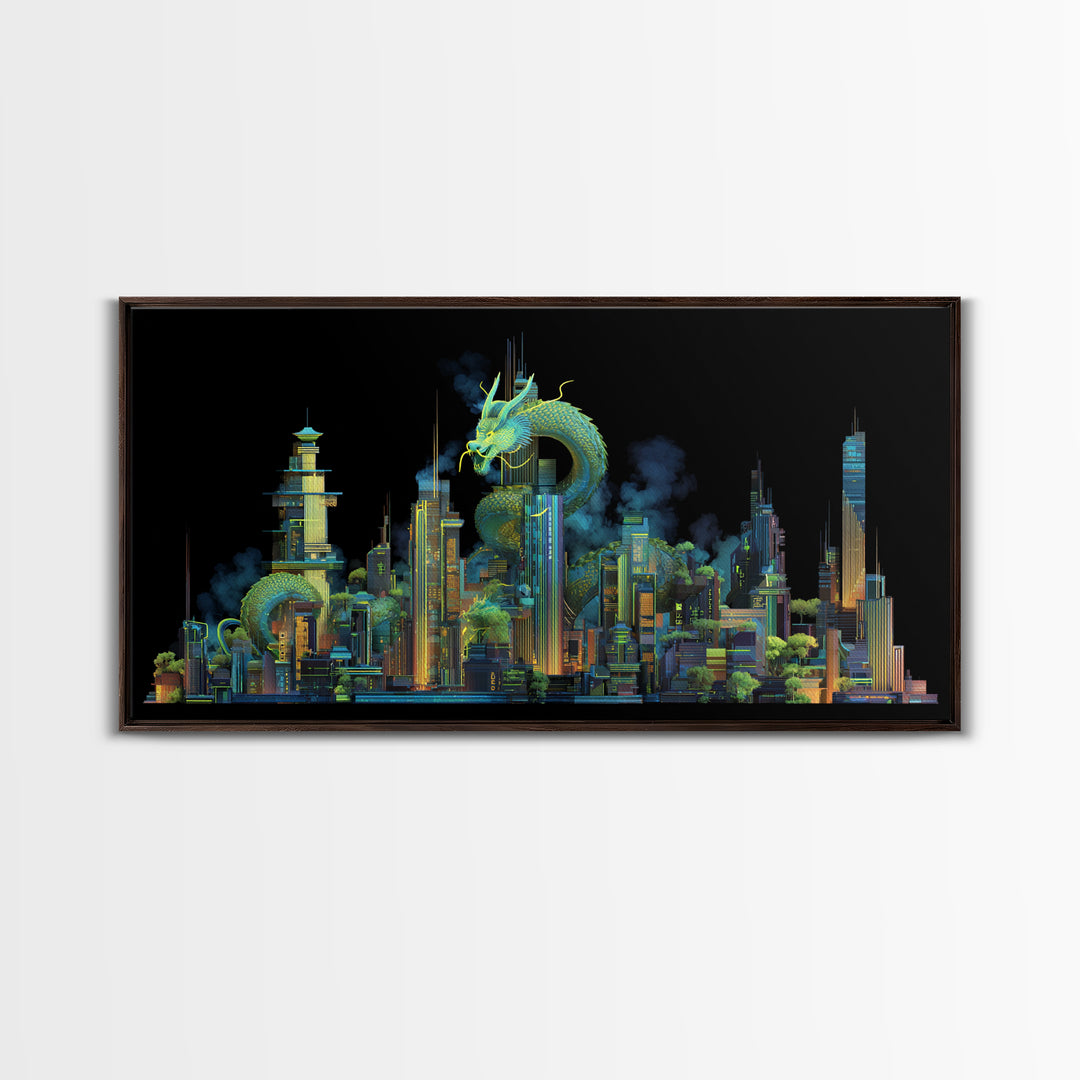 Neon Dragon Wrapped Around Skyscraper Shapes Framed Canvas Print, Cyberpunk Art, Living Room Decor, Abstract Art, Neon, CYB-2x1-10