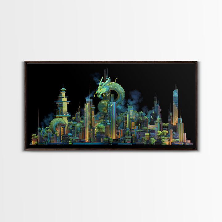 Neon Dragon Wrapped Around Skyscraper Shapes Framed Canvas Print, Cyberpunk Art, Living Room Decor, Abstract Art, Neon, CYB-2x1-10