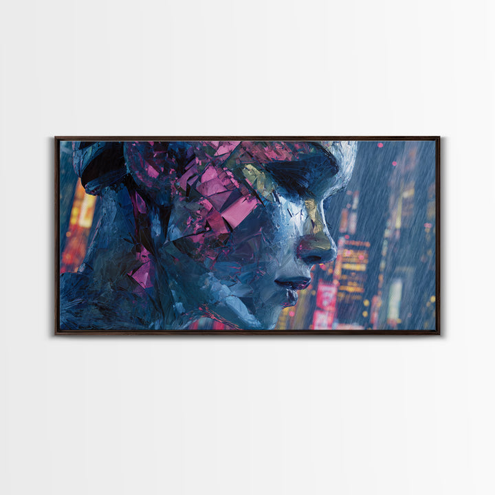 Ai Mask Portrait Framed Canvas Print, Cyberpunk Art, Statement Artwork, Living Room Decor, Fine Art, Neon, Art Print, CYB-2x1-20