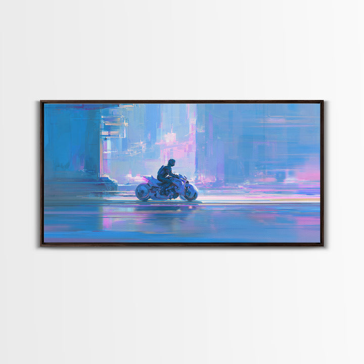 Motorcycle Rider under Holographic Signs Framed Canvas Print, Cyberpunk Art, Minimalist Decor, Living Room Decor, Neon, CYB-2x1-24