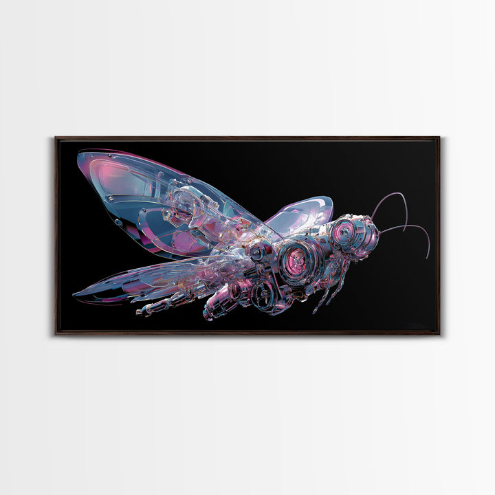 Holographic Butterfly over Black Metal Surface Canvas Print, Cyberpunk Art, Printable Wall Art, Living Room Decor, Neon, CYB-2x1-39