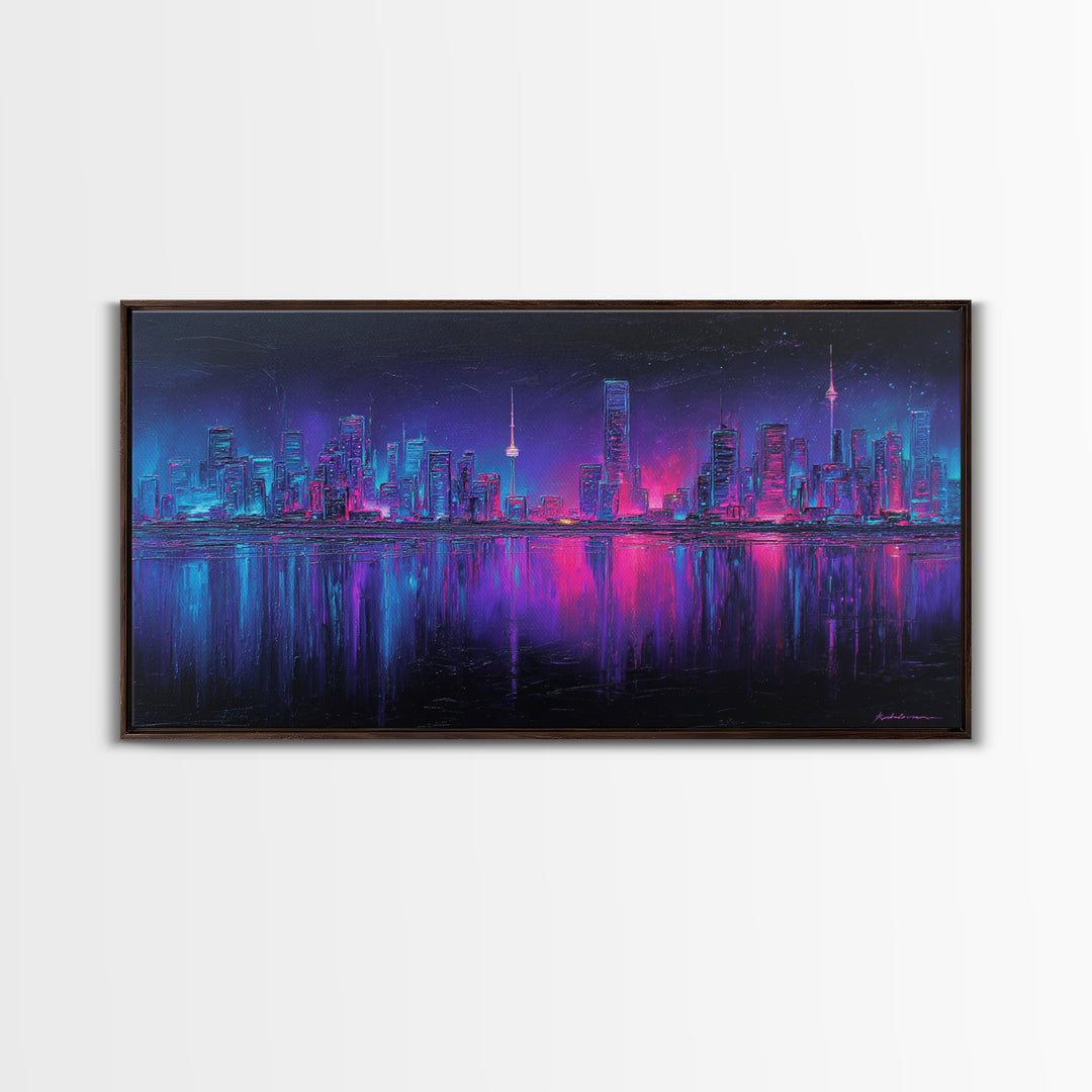 Neon Skyline Reflected Framed Canvas Print, Cyberpunk Art, Room Decor, Living Room Decor, Abstract Art, Neon 142, Cyberpunk, CYB-2x1-42