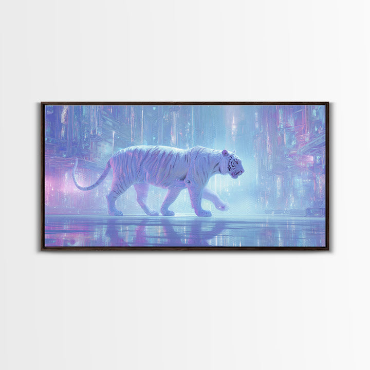 Neon Tiger Emerging from Digital Fog Framed Canvas Print, Cyberpunk Art, Digital Wall Art, Living Room Decor, Watercolor Art, CYB-2x1-5