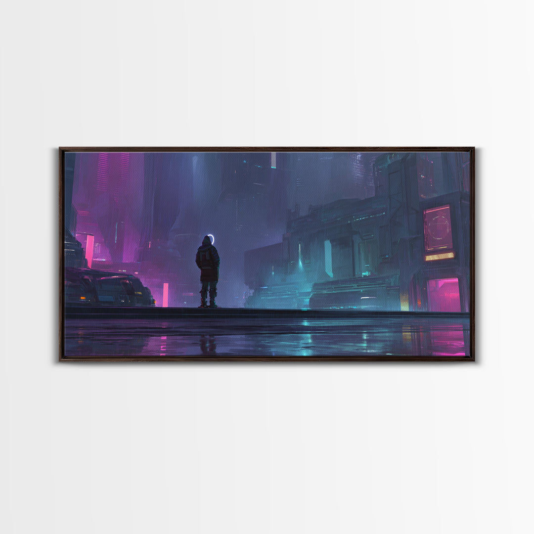 Masked Hacker Figure Framed Canvas Print, Cyberpunk Art, Wall Decor, Living Room Decor, Fine Art, Neon, Japanese Art, CYB-2x1-50