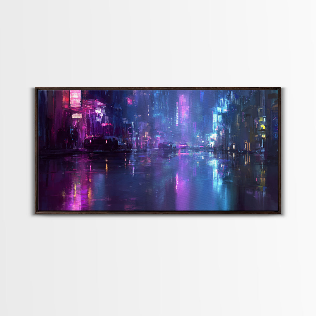 Rain Soaked Alley Canvas Print, Cyberpunk Art, Art Print, Living Room Decor, Abstract Art, Neon, Blue Wall Art, Cool Wall Art, CYB-2x1-52