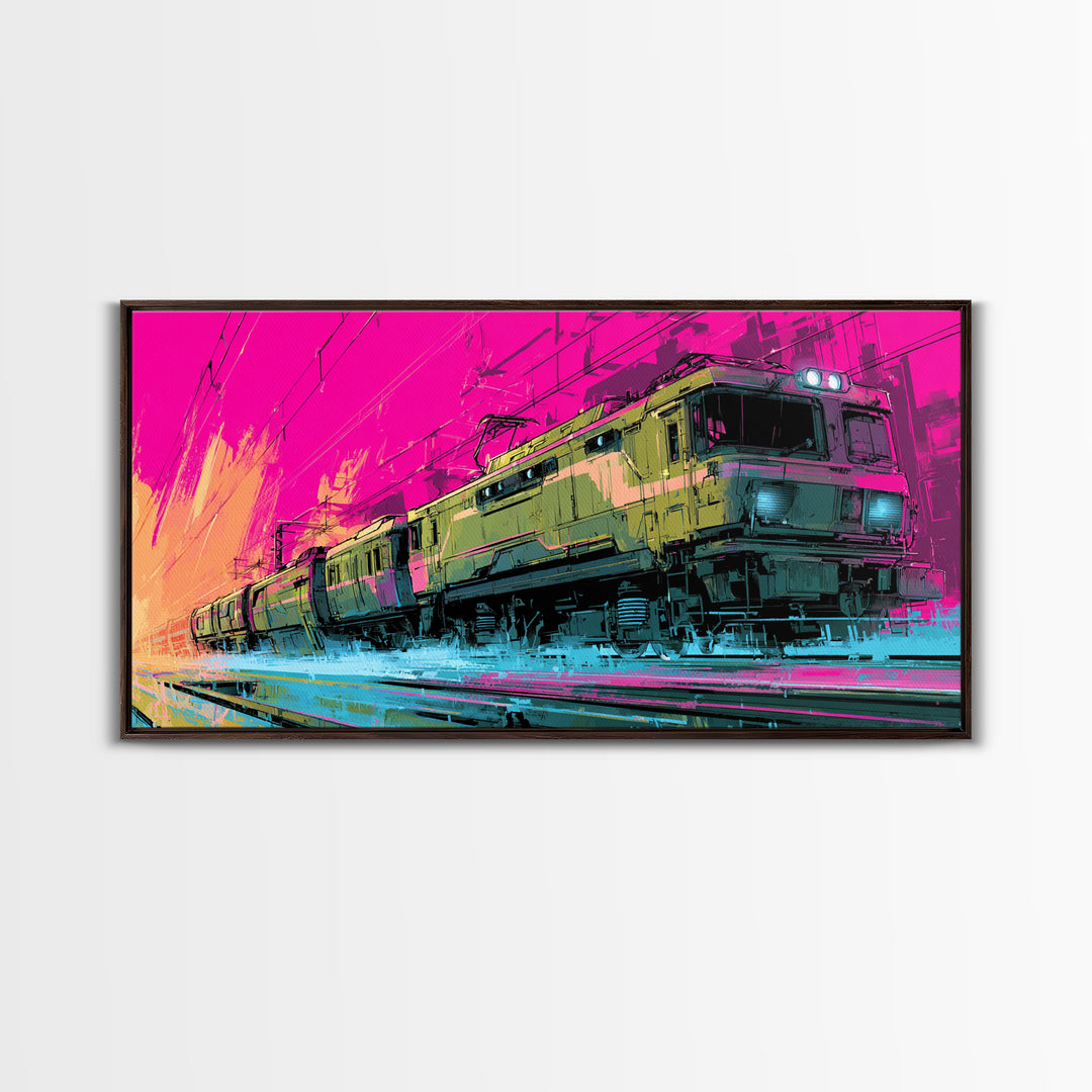 City Train Rushing Through Pink Electric Haze Canvas Print, Cyberpunk Art, Gothic Decor, Living Room Decor, Fine Art, Neon, CYB-2x1-57