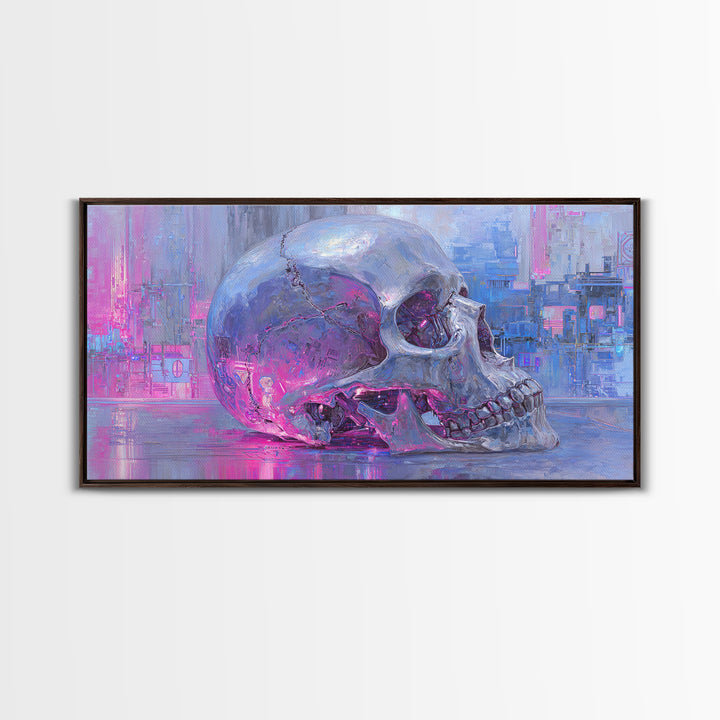 Cyberpunk Skull with Chrome and Violet Light Canvas Print, Cyberpunk Art, Cyberpunk 2077, Living Room Decor, Fine Art, Neon, CYB-2x1-64