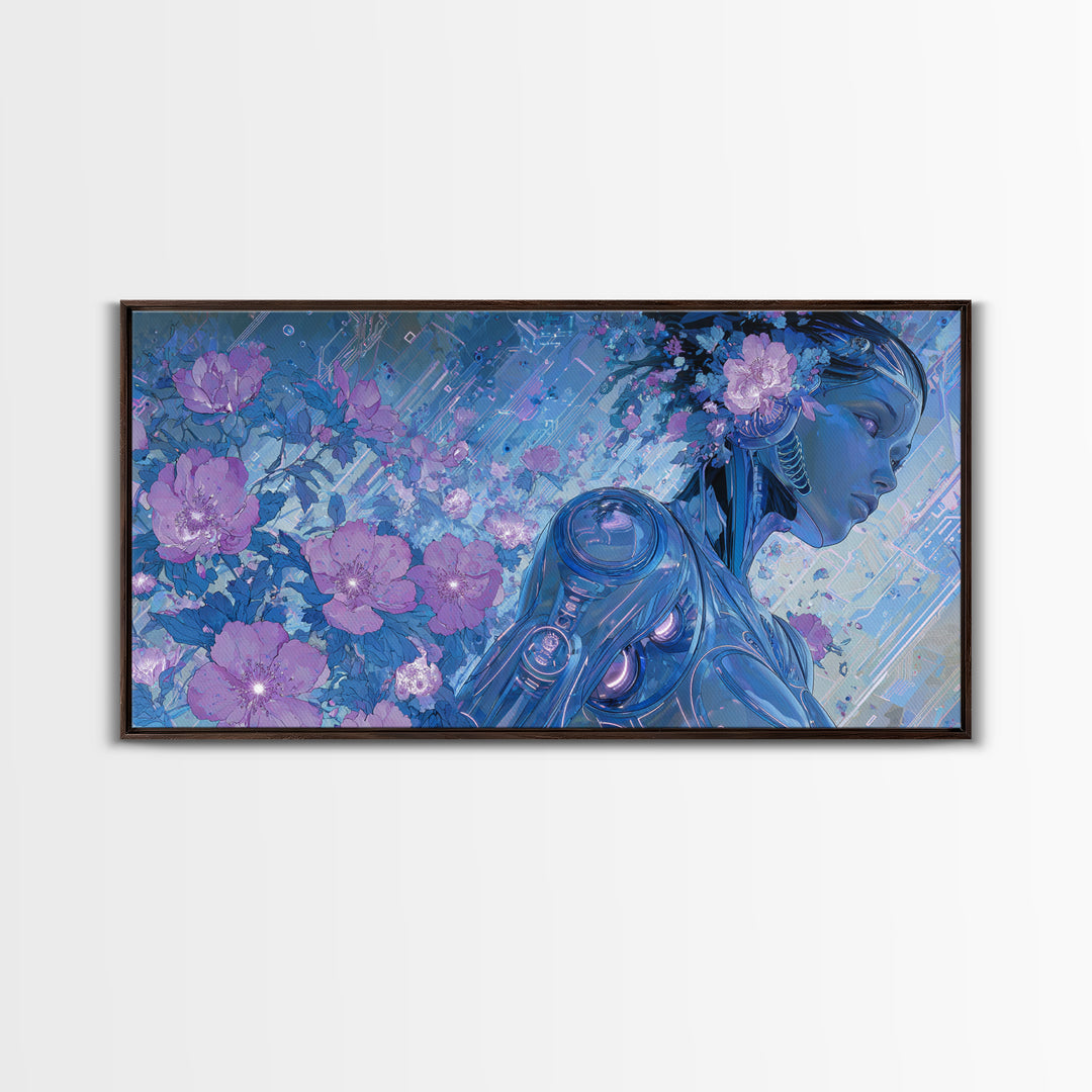 Android Woman with Glowing Circuitry and Flowers Canvas Print, Cyberpunk Art, Cyberpunk Helmet, Living Room Decor, Neon, CYB-2x1-71