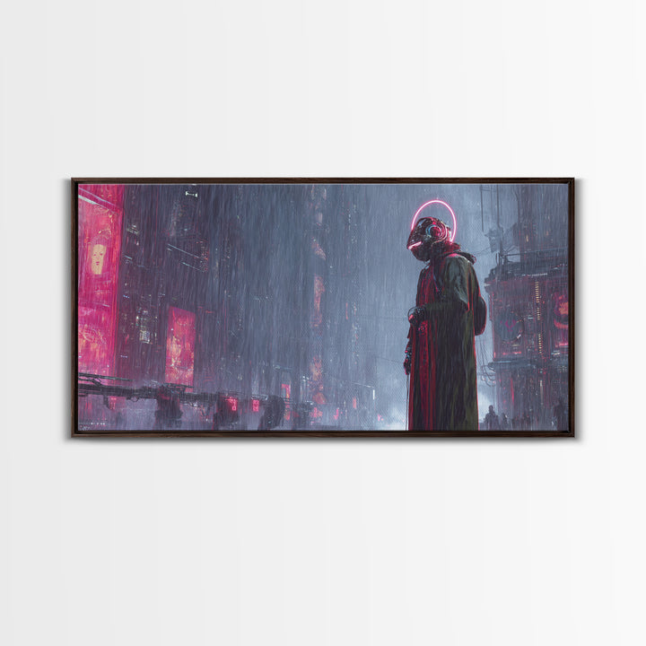 Masked Hacker Figure Canvas Print, Cyberpunk Art, Digital Wall Art, Living Room Decor, Fine Art, Neon, Man Cave Decor, CYB-2x1-74
