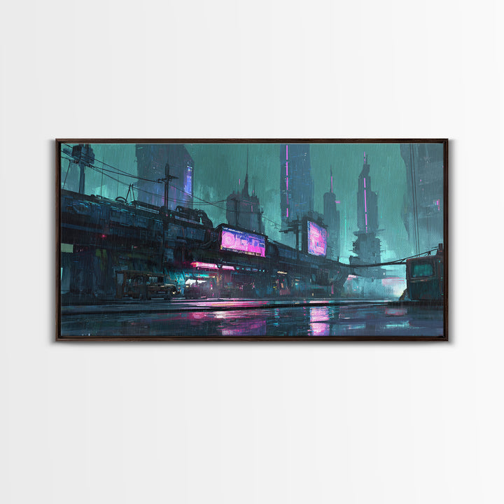 Retro Arcade Dystopia Canvas Print, Cyberpunk Art, Cyberpunk, Living Room Decor, Fine Art, Neon, Modern Art, Blue Wall Art, CYB-2x1-78