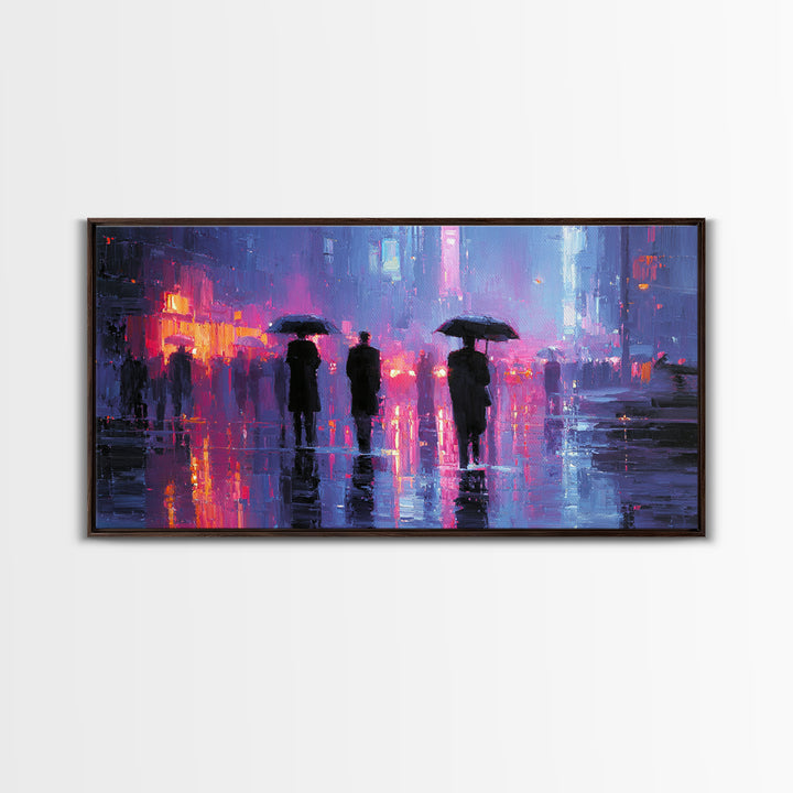 Glowing Umbrella Figure Framed Canvas Print, Cyberpunk Art, Wall Decor, Living Room Decor, Fine Art, Neon, Japanese Art, CYB-2x1-83