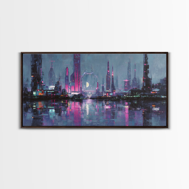 Dystopian Moon over Dense Rooftops Framed Canvas Print, Cyberpunk Art, Digital Art, Living Room Decor, Fine Art, Neon, CYB-2x1-86