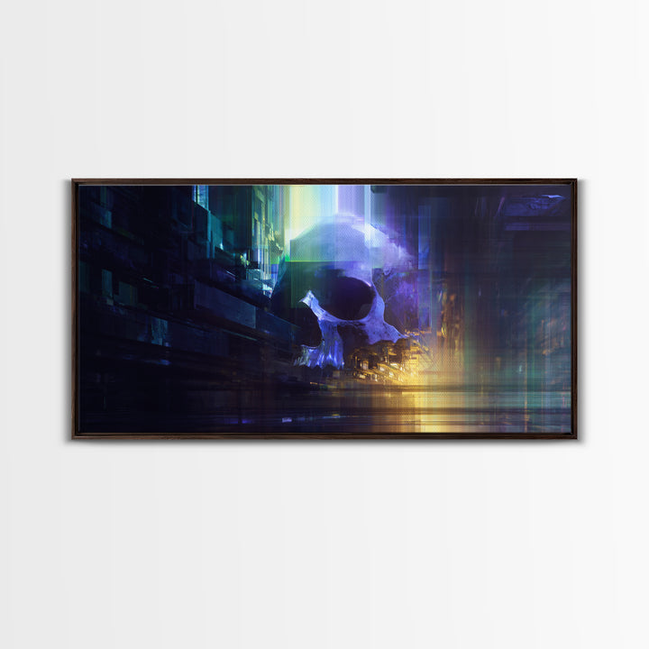 Cyberpunk Skull with Chrome and Violet Light Framed Canvas Print, Cyberpunk Art, Japanese Wall Art, Living Room Decor, Neon, CYB-2x1-88