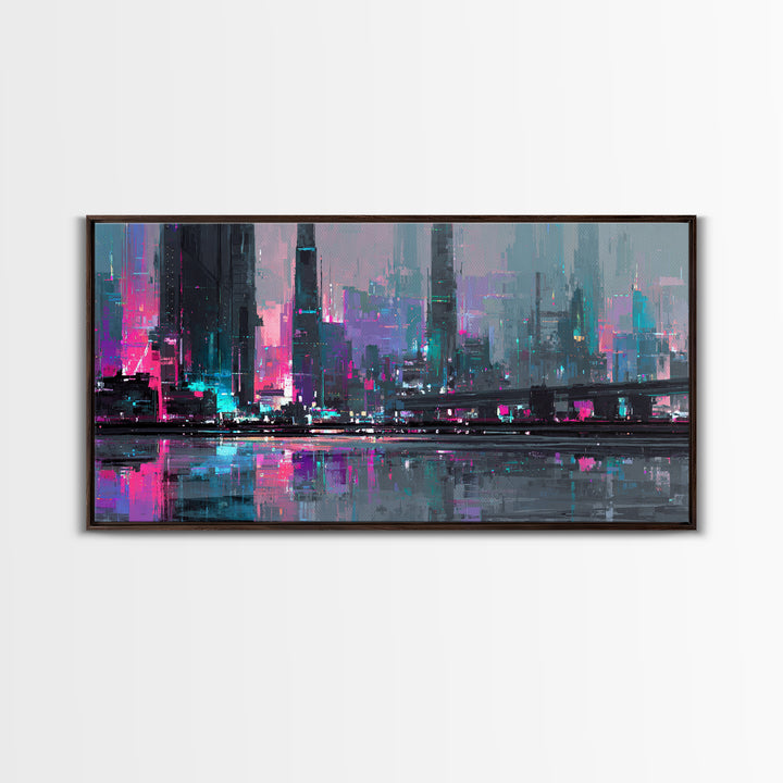 Futuristic City Skyline Canvas Print, Cyberpunk Art, Cyberpunk 2077, Living Room Decor, Fine Art, Neon, Cyberpunk Decor, CYB-2x1-94