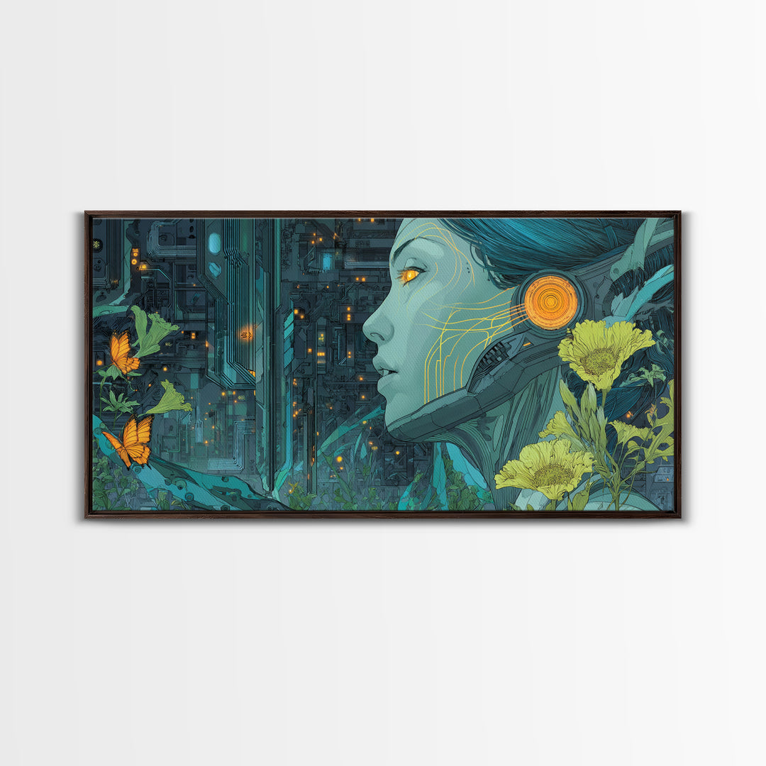 Android Woman with Glowing Circuitry and Flowers Canvas Print, Cyberpunk Art, Neutral Decor, Living Room Decor, Neon, CYB-2x1-95
