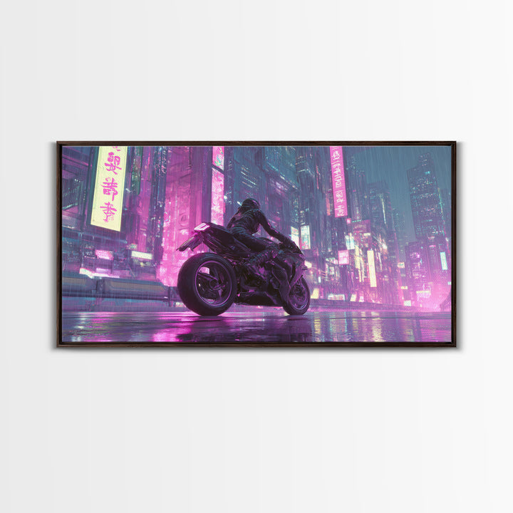 Motorcycle Rider under Holographic Signs Framed Canvas Print, Cyberpunk Art, Man Cave Decor, Living Room Decor, Fine Art, Neon, CYB-2x1-96