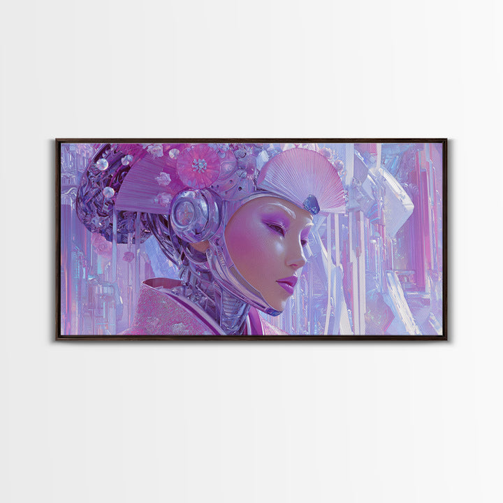 Robot Geisha Portrait Framed Canvas Print, Cyberpunk Art, Cool Wall Art, Living Room Decor, Fine Art, Neon, Gallery Decor, CYB-2x1-99