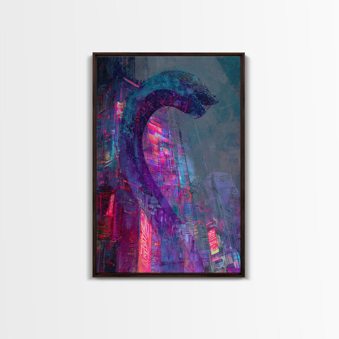 Neon Dragon Wrapped Around Skyscraper Shapes Framed Canvas Print, Cyberpunk Art, Poster, Living Room Decor, Fine Art, Neon, CYB-2x3-22