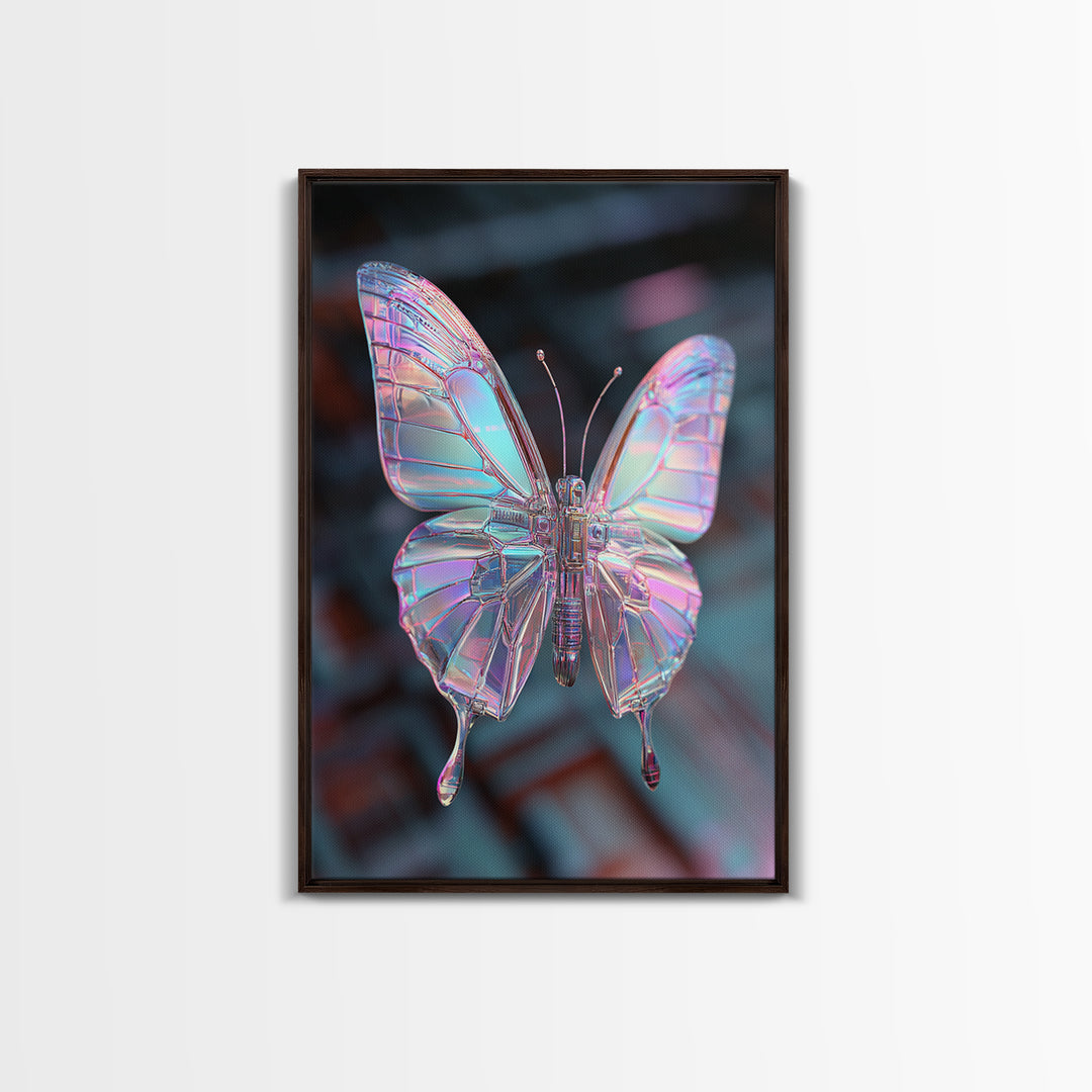 Holographic Butterfly over Black Metal Surface Canvas Print, Cyberpunk Art, Home Decor, Living Room Decor, Fine Art, Neon, CYB-2x3-27