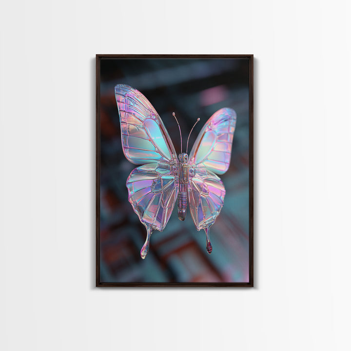 Holographic Butterfly over Black Metal Surface Canvas Print, Cyberpunk Art, Home Decor, Living Room Decor, Fine Art, Neon, CYB-2x3-27