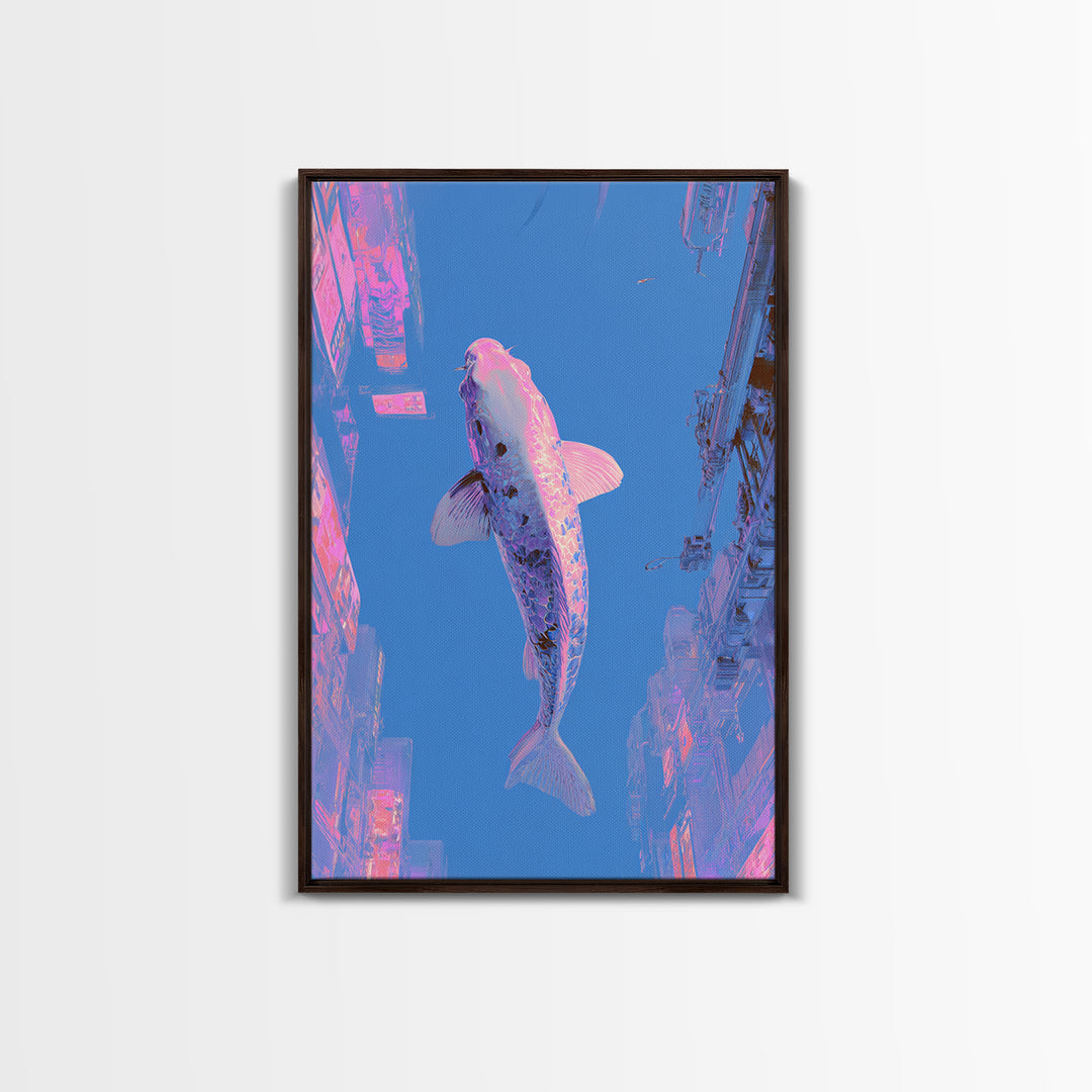 Cyberpunk Koi Swimming Through Electric Blue Water Framed Canvas Print, Cyberpunk Art, Movie Posters, Living Room Decor, Neon, CYB-2x3-37