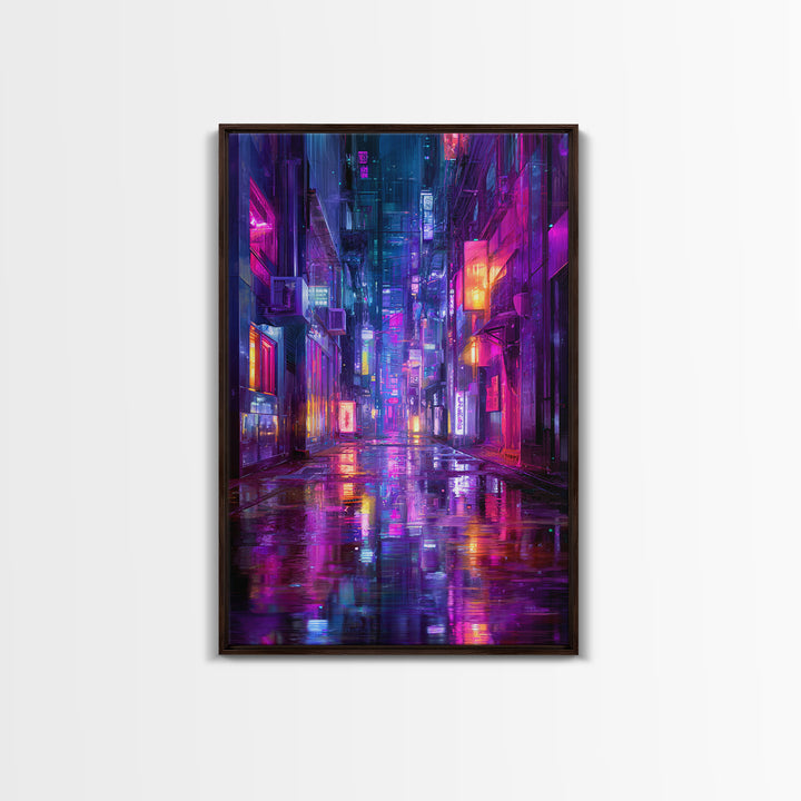 Rain Soaked Alley Canvas Print, Cyberpunk Art, Contemporary Art, Living Room Decor, Abstract Art, Neon, Canvas Wall Art, CYB-2x3-40