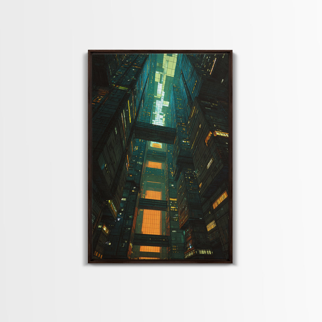 Retro Arcade Dystopia Framed Canvas Print, Cyberpunk Art, Living Room Decor, Watercolor Art, Neon, Japanese Wall Art, CYB-2x3-42