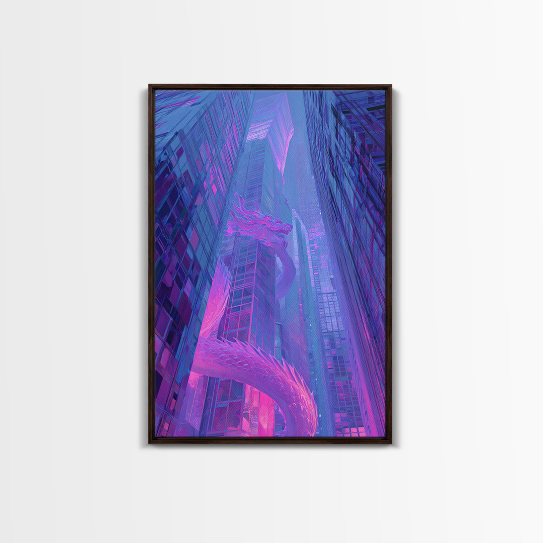 Neon Dragon Wrapped Around Skyscraper Shapes Framed Canvas Print, Cyberpunk Art, Poster, Living Room Decor, Fine Art, Neon, CYB-2x3-46