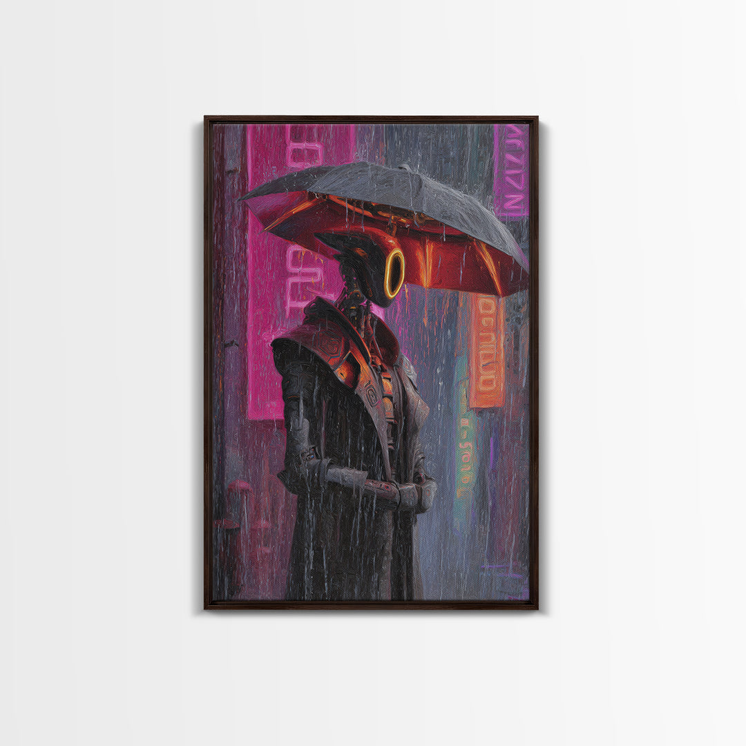 Glowing Umbrella Figure Framed Canvas Print, Cyberpunk Art, Canvas Wall Art, Living Room Decor, Fine Art, Neon, Space Art, CYB-2x3-47