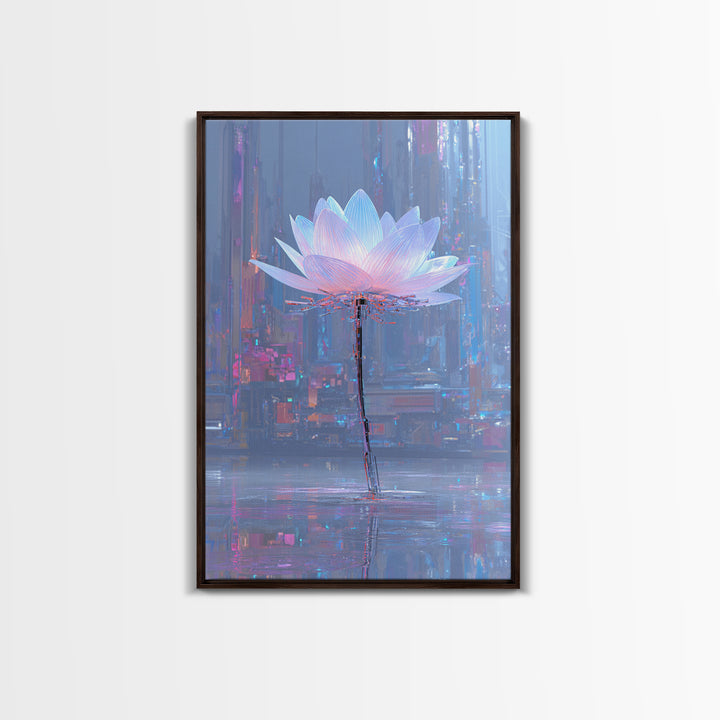 Electric Lotus Flower Canvas Print, Cyberpunk Art, Japanese Wall Art, Living Room Decor, Watercolor Art, Neon, Cyberpunk Helmet, CYB-2x3-49