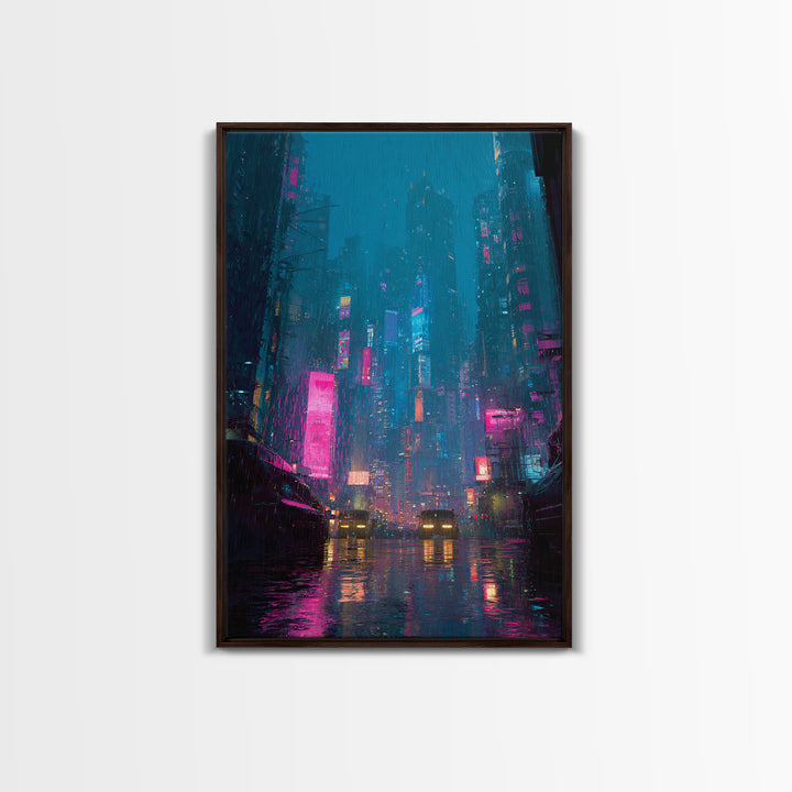Futuristic City Skyline Canvas Print, Cyberpunk Art, Movie Posters, Living Room Decor, Abstract Art, Neon, Cyberpunk Jacket, CYB-2x3-58