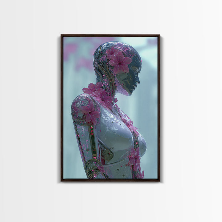 Android Woman with Glowing Circuitry and Flowers Canvas Print, Cyberpunk Art, Modern Wall Art, Living Room Decor, Neon, CYB-2x3-59