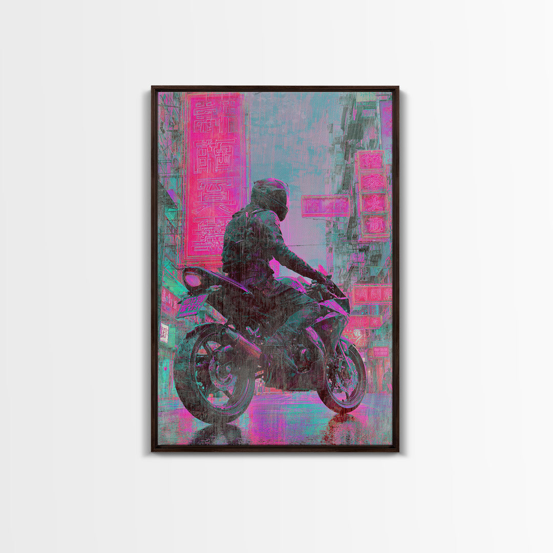 Motorcycle Rider under Holographic Signs Framed Canvas Print, Cyberpunk Art, Gothic Decor, Living Room Decor, Fine Art, Neon, CYB-2x3-60