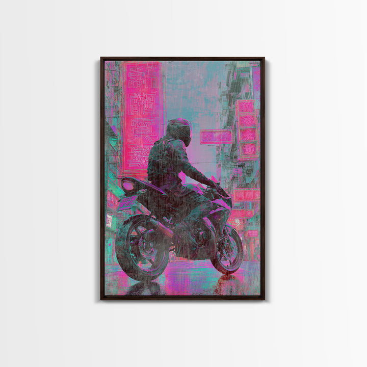 Motorcycle Rider under Holographic Signs Framed Canvas Print, Cyberpunk Art, Gothic Decor, Living Room Decor, Fine Art, Neon, CYB-2x3-60
