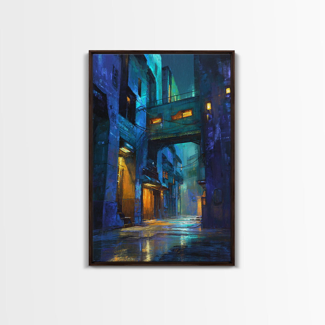 Rain Soaked Alley Framed Canvas Print, Cyberpunk Art, Art Print, Living Room Decor, Abstract Art, Neon, Blue Wall Art, CYB-2x3-64
