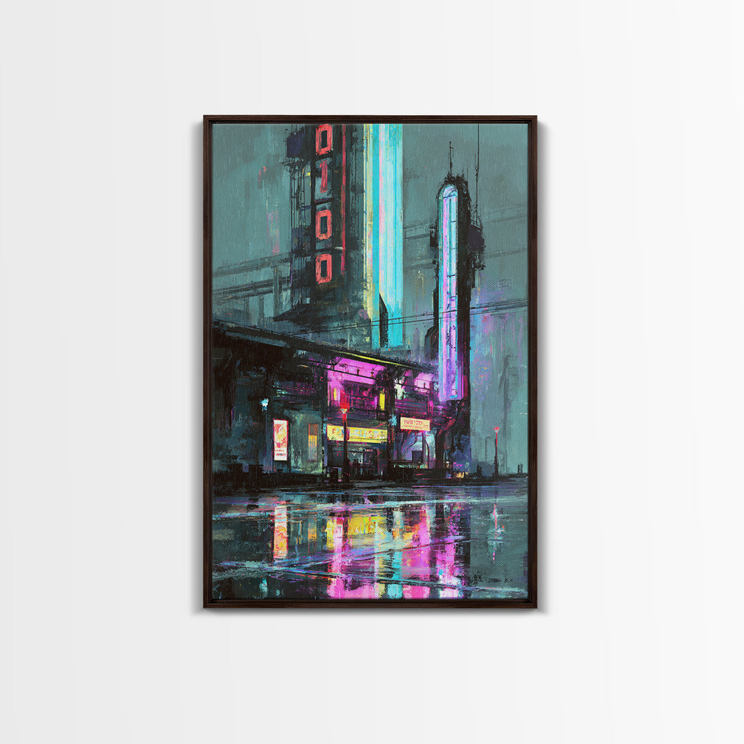 Retro Arcade Dystopia Canvas Print, Cyberpunk Art, Living Room Decor, Oil Painting, Neon, Digital Download Art, CYB-2x3-66