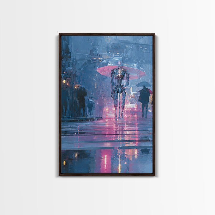 Glowing Umbrella Figure Canvas Print, Cyberpunk Art, Blue Wall Art, Living Room Decor, Fine Art, Neon, Modern Wall Decor, CYB-2x3-71