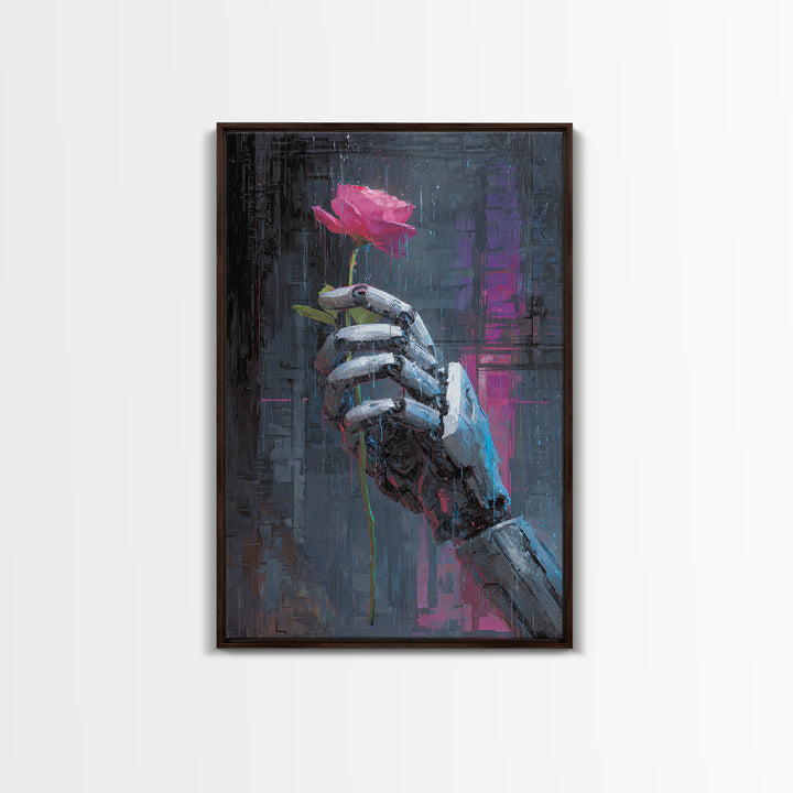 Robotic Hand Holding a Real Rose Canvas Print, Cyberpunk Art, Printable Wall Art, Living Room Decor, Oil Painting, Neon, CYB-2x3-72