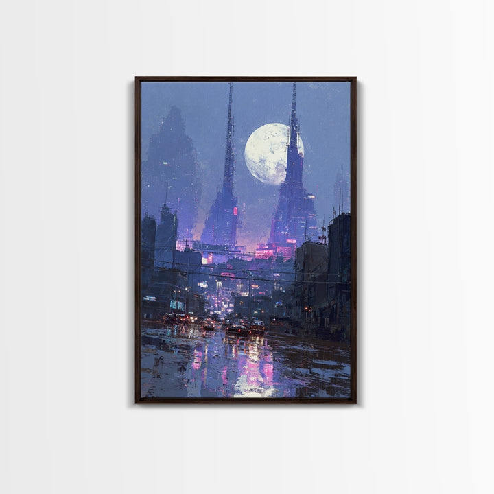 Dystopian Moon over Dense Rooftops Framed Canvas Print, Cyberpunk Art, Digital Wall Art, Living Room Decor, Watercolor Art, CYB-2x3-74