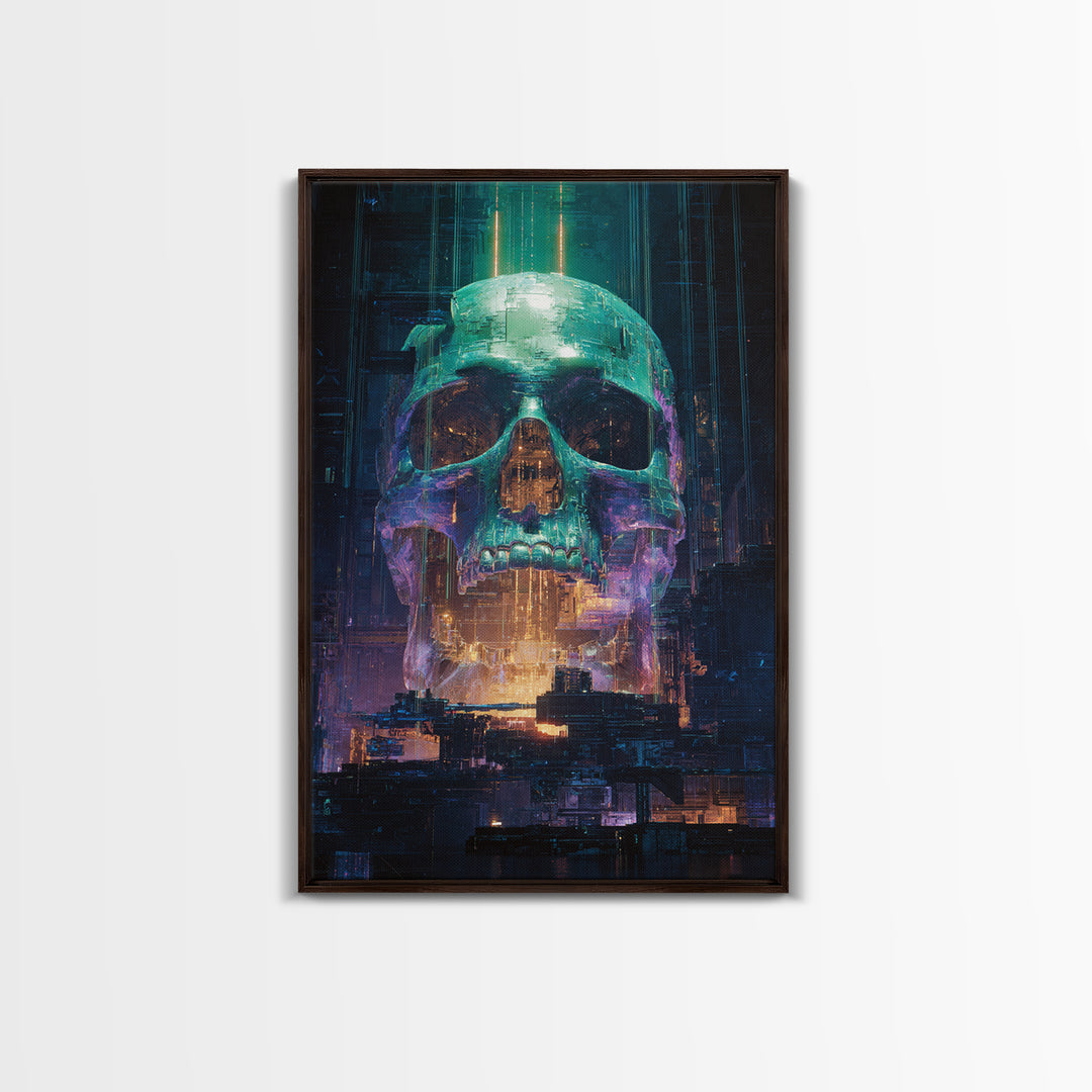 Cyberpunk Skull with Chrome and Violet Light Framed Canvas Print, Cyberpunk Art, Urban Wall Art, Living Room Decor, Neon, CYB-2x3-76