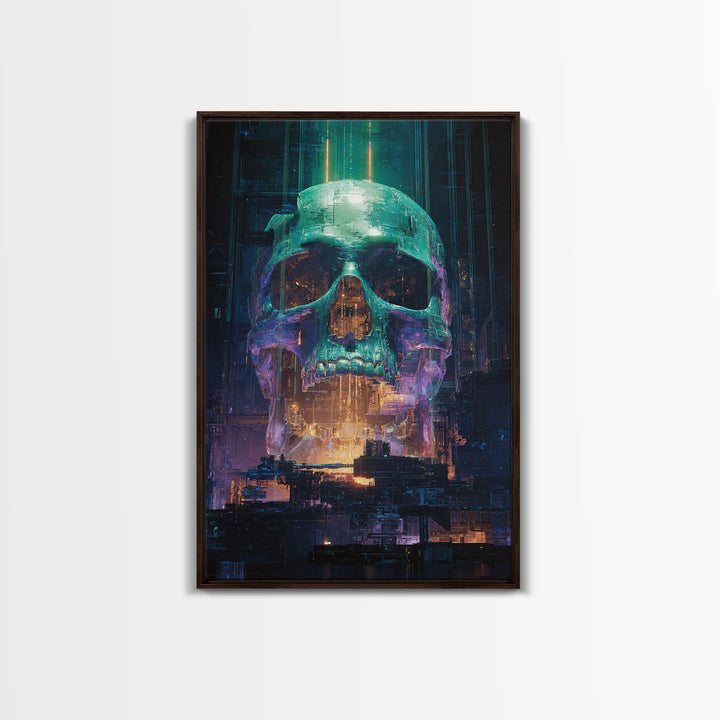 Cyberpunk Skull with Chrome and Violet Light Framed Canvas Print, Cyberpunk Art, Urban Wall Art, Living Room Decor, Neon, CYB-2x3-76