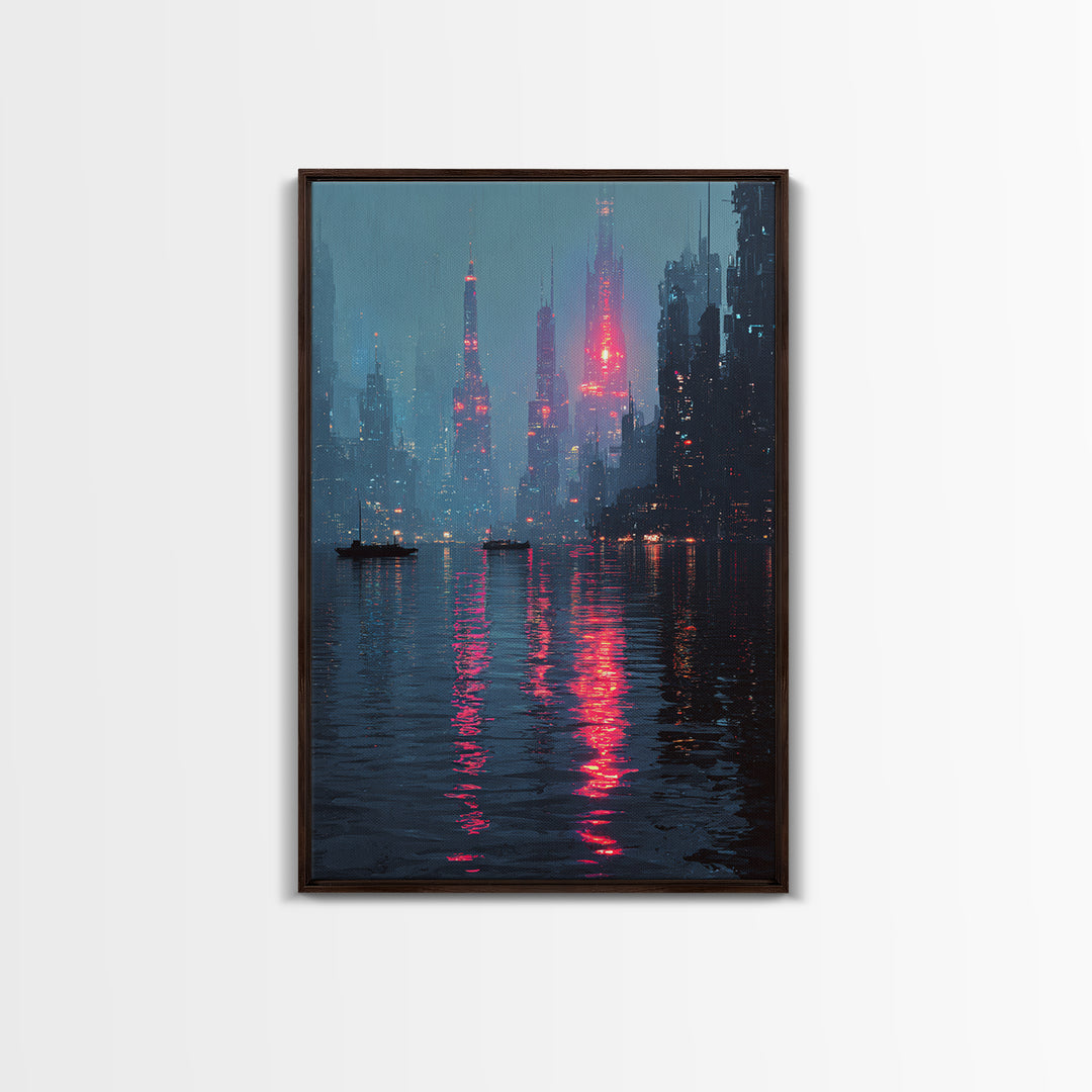 Neon Skyline Reflected Framed Canvas Print, Cyberpunk Art, Gothic Decor, Living Room Decor, Abstract Art, Neon, CYB-2x3-78
