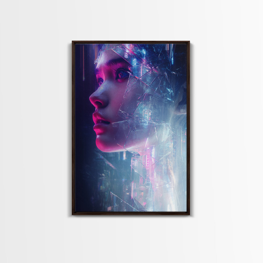 Ai Mask Portrait Framed Canvas Print, Cyberpunk Art, Digital Wall Art, Living Room Decor, Fine Art, Neon, Man Cave Decor, CYB-2x3-80