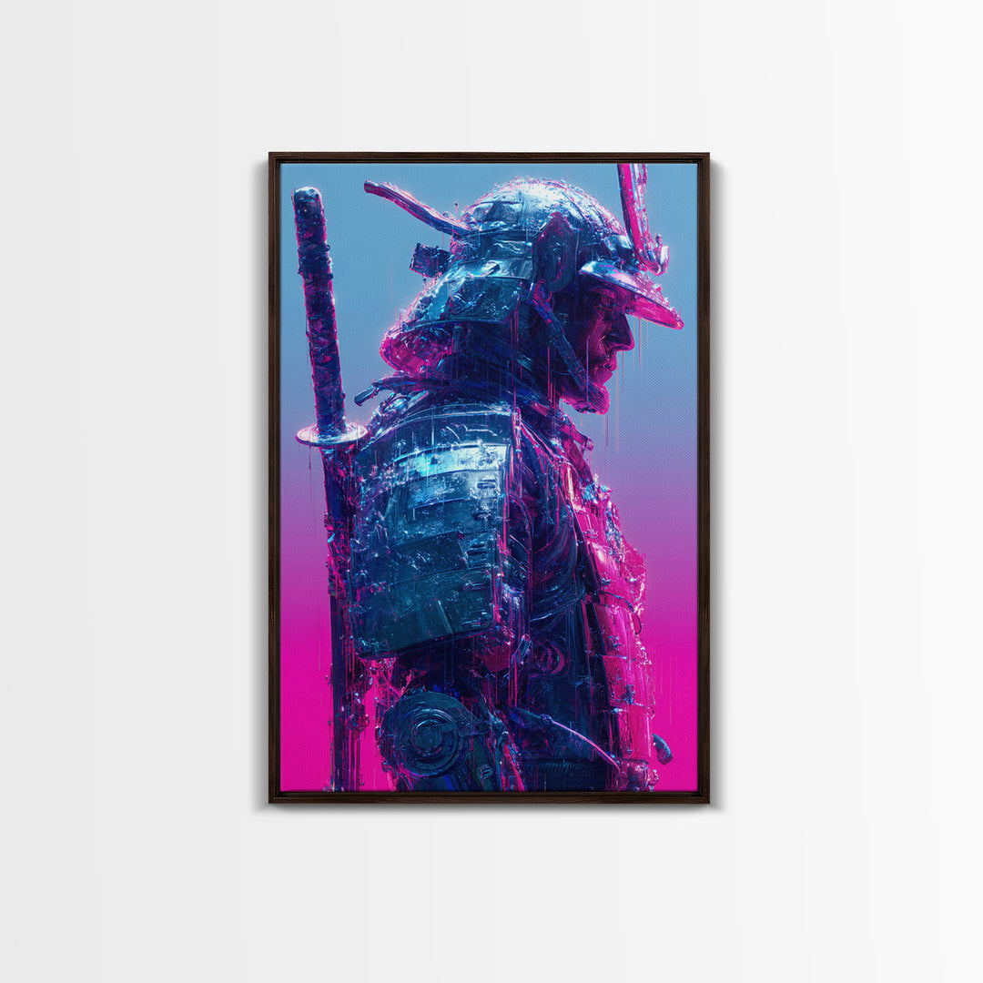 Neon Samurai Portrait Canvas Print, Cyberpunk Art, Man Cave Decor, Living Room Decor, Fine Art, Neon, Fine Art Print, CYB-2x3-81