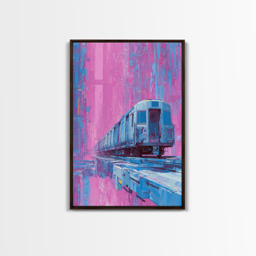 City Train Rushing Through Pink Electric Haze Framed Canvas Print, Cyberpunk Art, Cool Wall Art, Living Room Decor, Neon, CYB-2x3-93