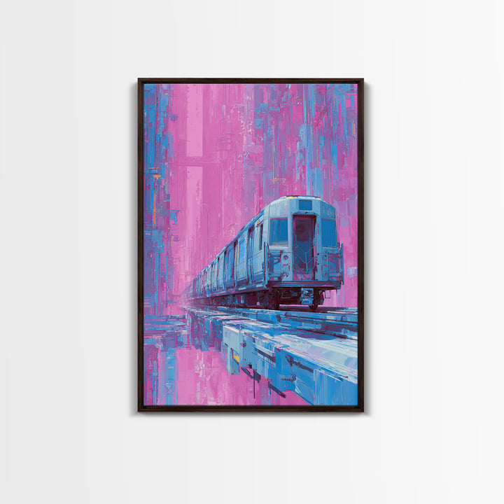 City Train Rushing Through Pink Electric Haze Framed Canvas Print, Cyberpunk Art, Cool Wall Art, Living Room Decor, Neon, CYB-2x3-93