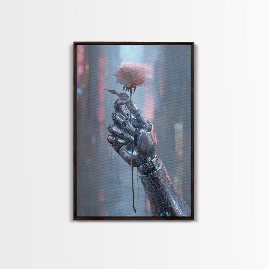 Robotic Hand Holding a Real Rose Canvas Print, Cyberpunk Art, Cool Wall Art, Living Room Decor, Fine Art, Neon, Gallery Decor, CYB-2x3-96