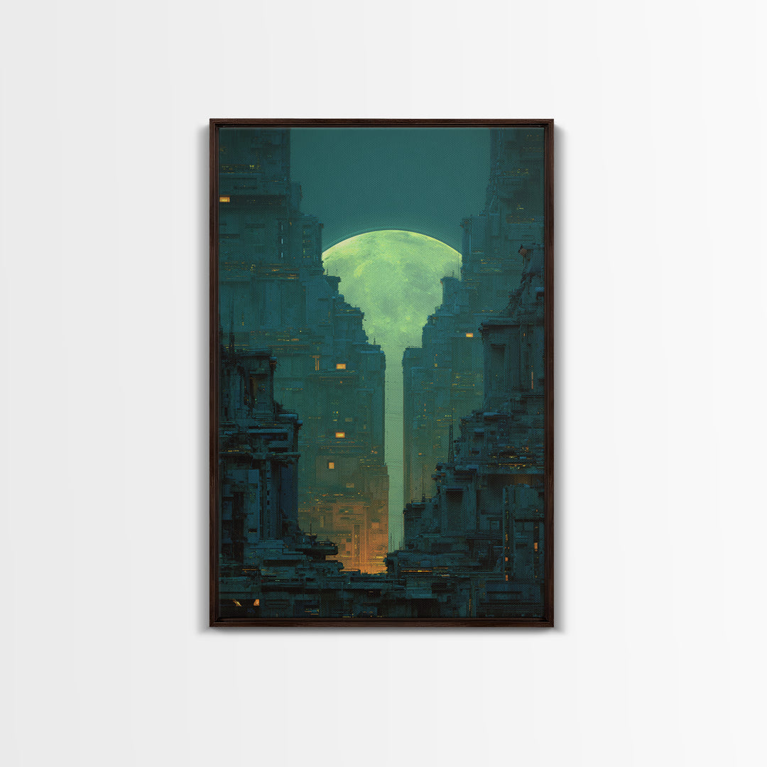 Dystopian Moon over Dense Rooftops Framed Canvas Print, Cyberpunk Art, Digital Wall Art, Living Room Decor, Watercolor Art, CYB-2x3-98