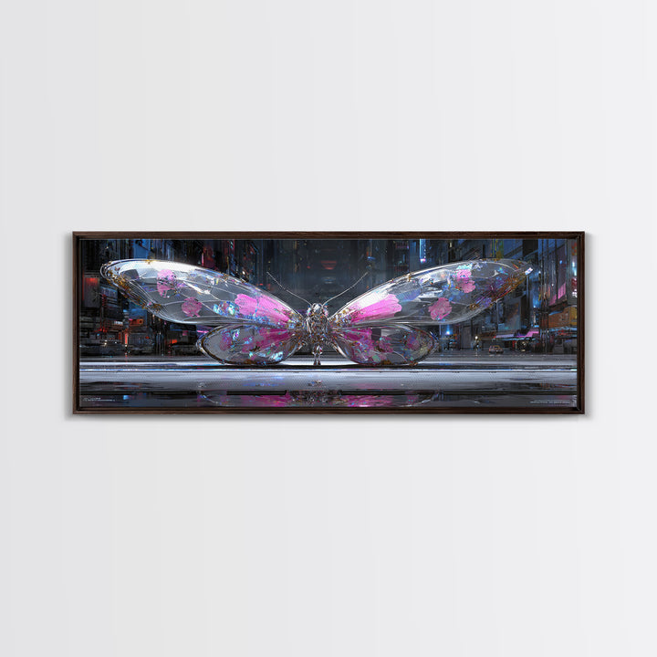 Holographic Butterfly over Black Metal Surface Canvas Print, Cyberpunk Art, Modern Wall Decor, Living Room Decor, Neon, CYB-3x1-11
